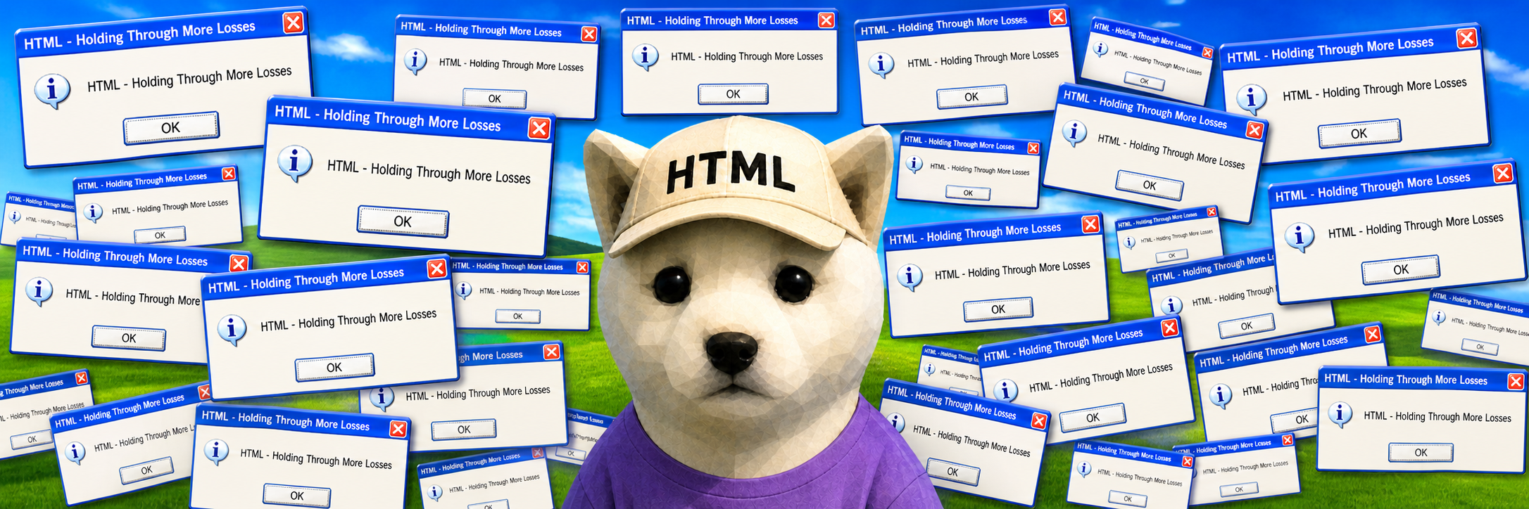 Wide HTML meme banner with dog and Windows XP error messages